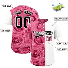 Light Pink White Rose Print Split Baseball Jersey 2