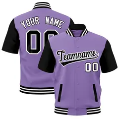 Light Purple Black White Full-Snap Short Sleeve Varsity Jacket
