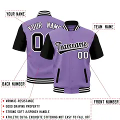 Light Purple Black White Full-Snap Short Sleeve Varsity Jacket 2