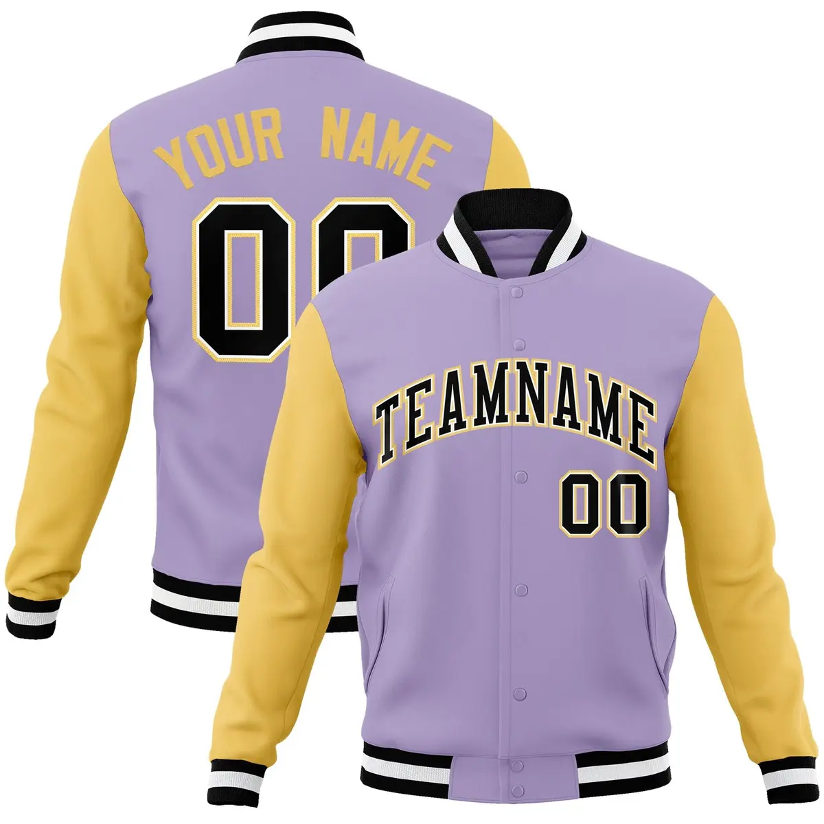 Light Purple Black-White Raglan Sleeves Varsity Full-Snap Letterman Jacket