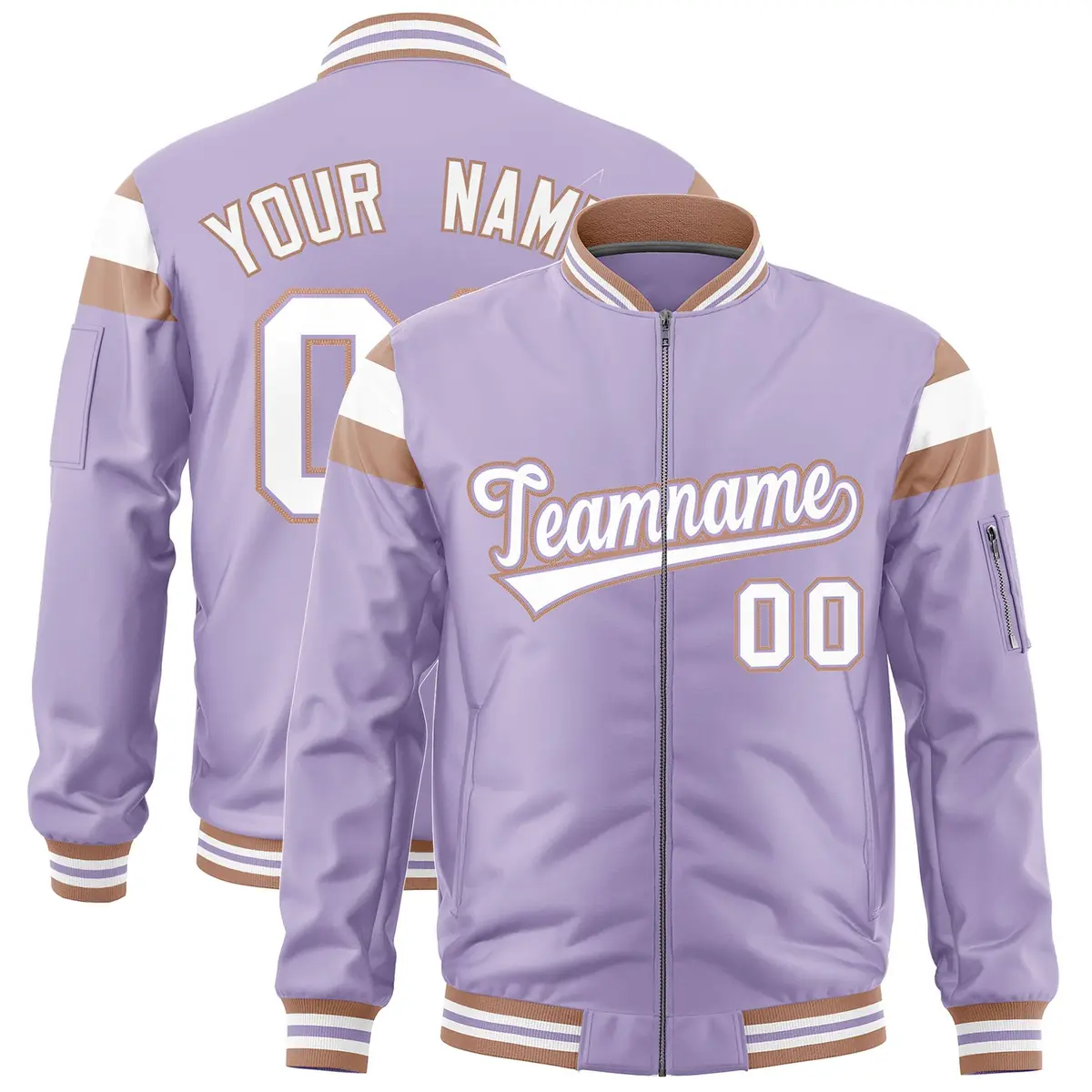 Light Purple Coffee Brown White Full-Zip Shoulder Block Varsity Letterman Bomber Jacket