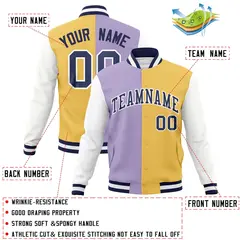 Light Purple Cream-Navy Two Tone Split Varsity Full-Snap Letterman Jacket 4