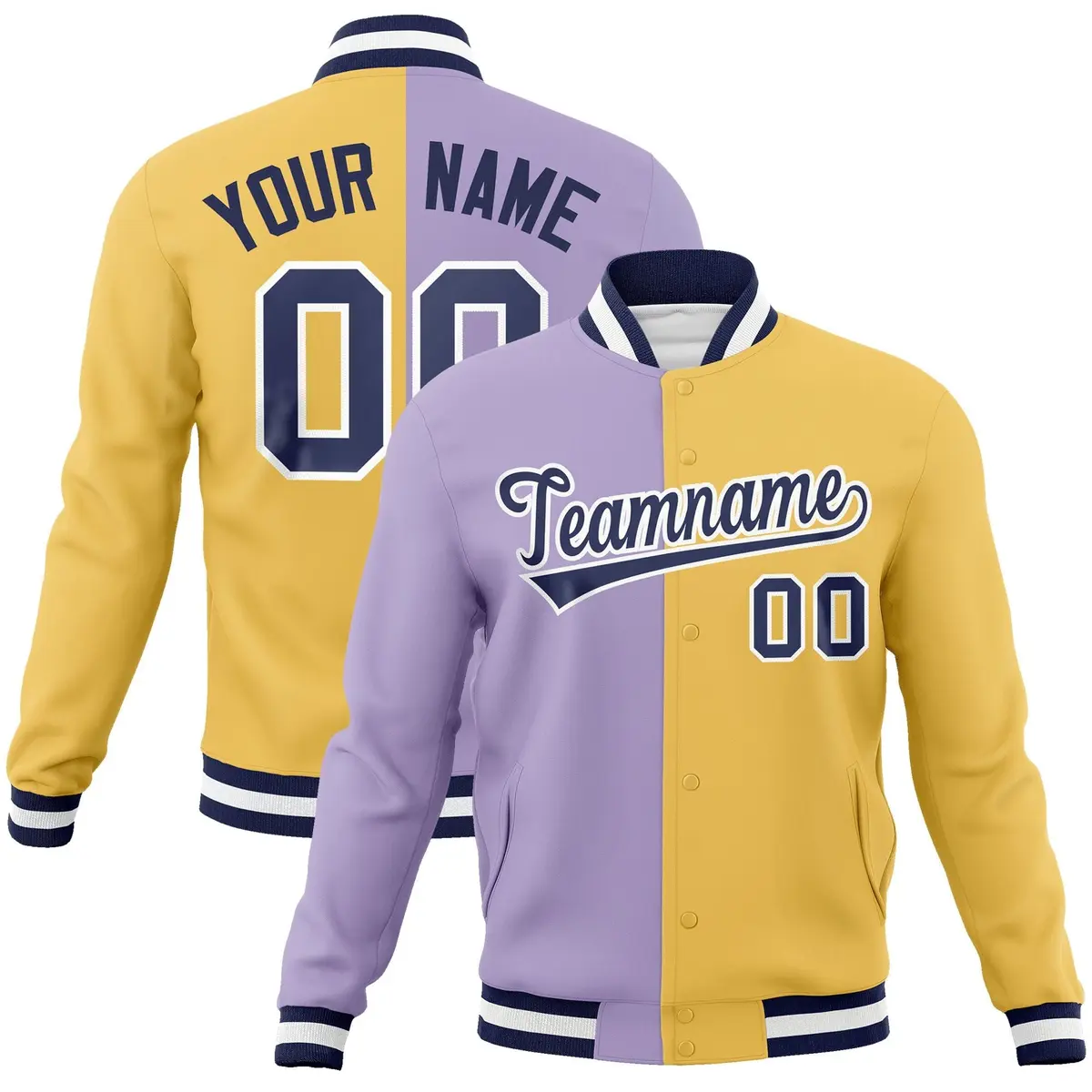 Light Purple Cream-Navy Two Tone Split Varsity Full-Snap Letterman Jacket