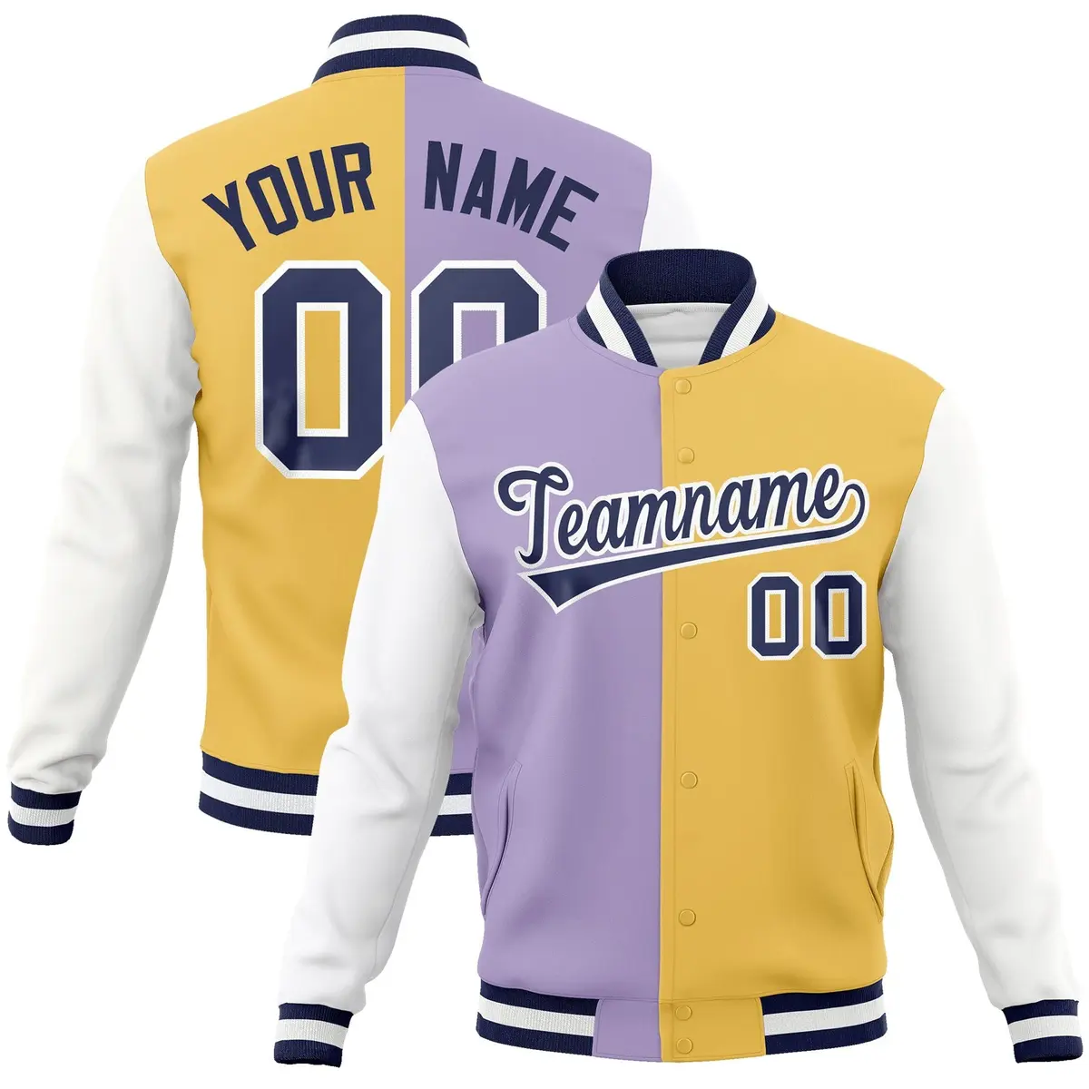 Light Purple Cream-Navy Two Tone Split Varsity Full-Snap Letterman Jacket