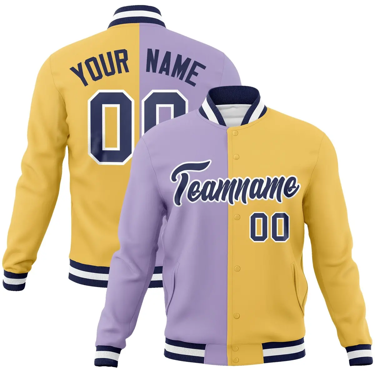 Light Purple Cream-Navy Two Tone Split Varsity Full-Snap Letterman Jacket