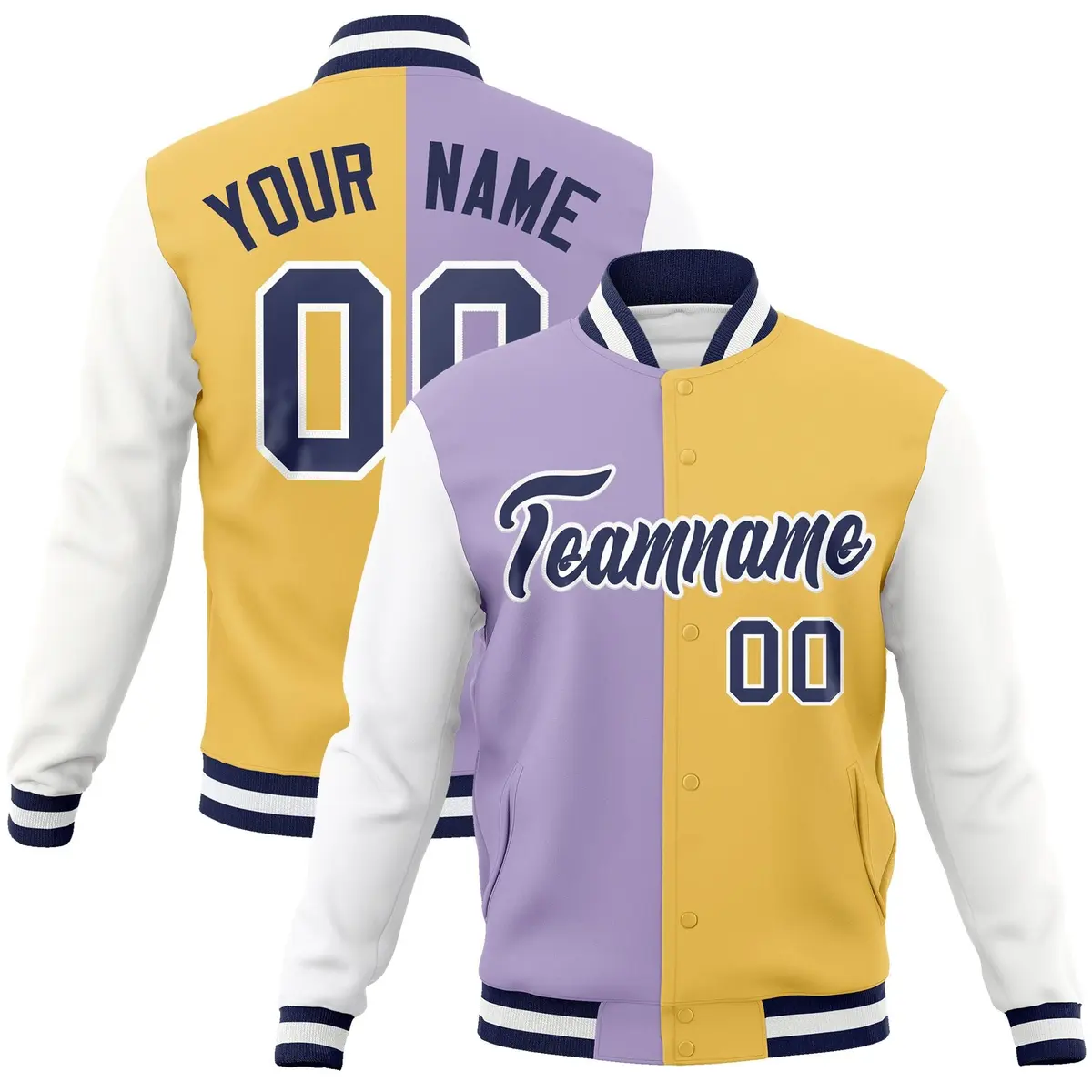Light Purple Cream-Navy Two Tone Split Varsity Full-Snap Letterman Jacket