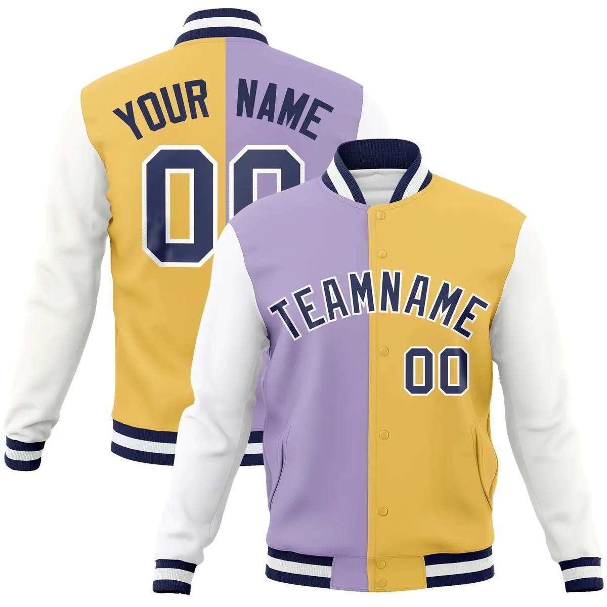 Light Purple Cream-Navy Two Tone Split Varsity Full-Snap Letterman Jacket