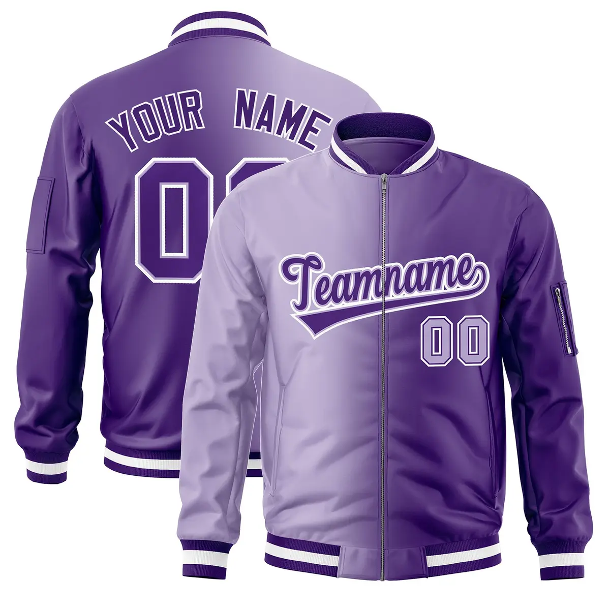 Light Purple Full-Zip Gradient Letterman Bomber Jacket
