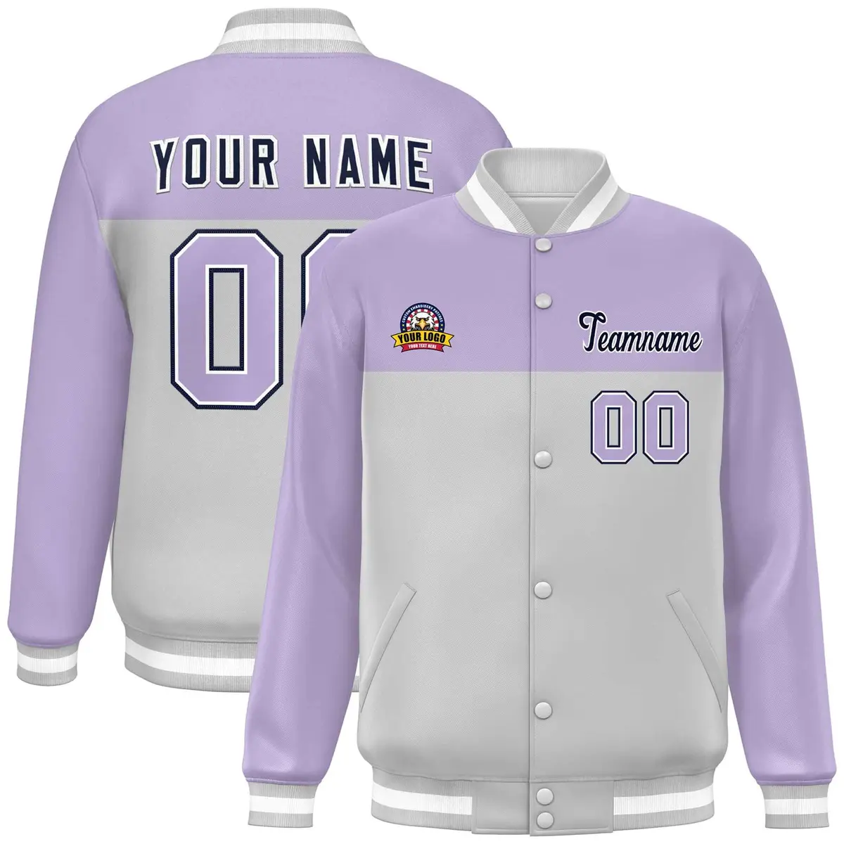 Light Purple Gray-Navy Color Block Full-Snap Varsity Letterman Jacket