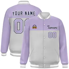 Light Purple Gray-Navy Color Block Full-Snap Varsity Letterman Jacket