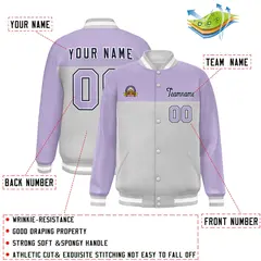 Light Purple Gray-Navy Color Block Full-Snap Varsity Letterman Jacket 2