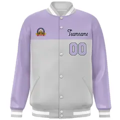 Light Purple Gray-Navy Color Block Full-Snap Varsity Letterman Jacket 3
