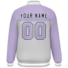 Light Purple Gray-Navy Color Block Full-Snap Varsity Letterman Jacket 4
