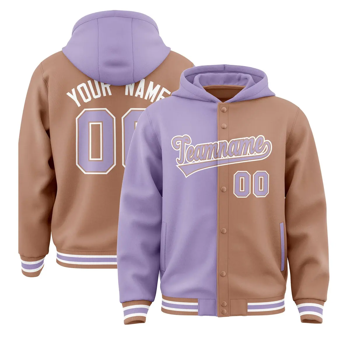 Light Purple Light Brown Two Tone Split Varsity Letterman Hoodie Jacket