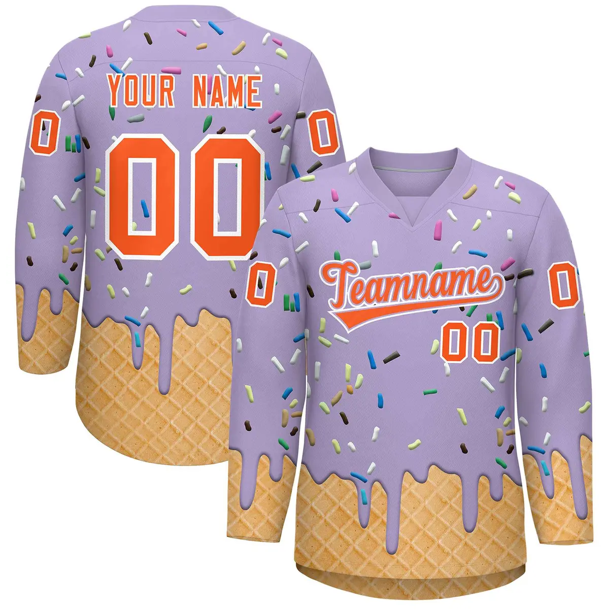 Light Purple Orange Ice Cream Pattern V-Neck Hockey Jersey