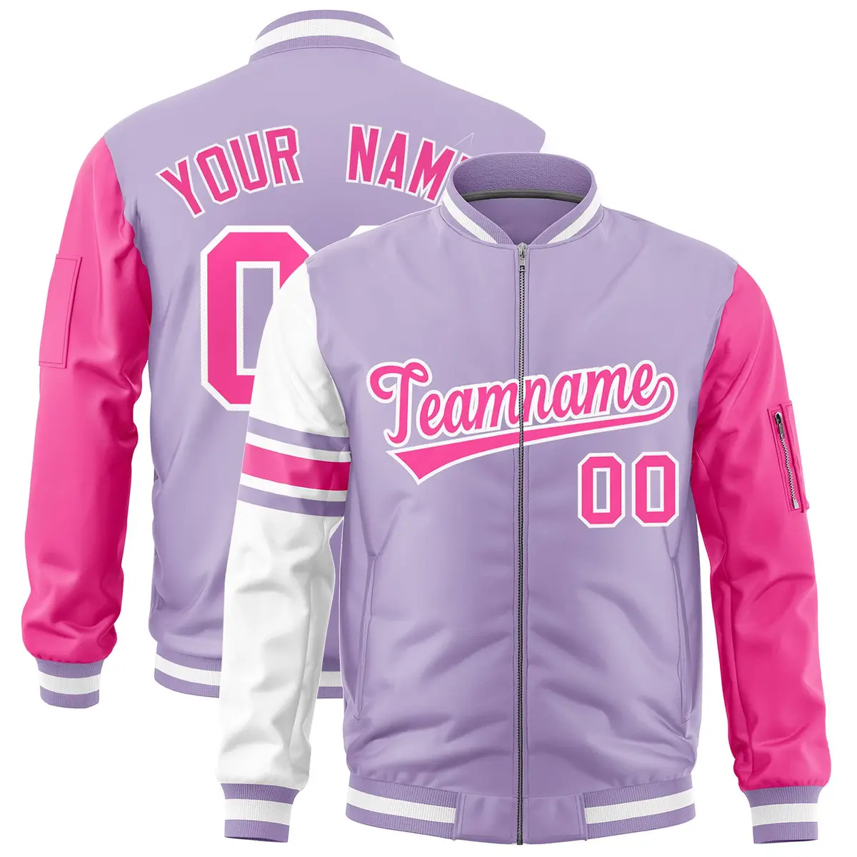 Light Purple Pink-White Varsity Full-Zip Raglan Stripe Letterman Bomber Jacket