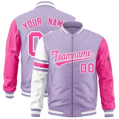 Light Purple Pink-White Varsity Full-Zip Raglan Stripe Letterman Bomber Jacket 1