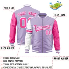 Light Purple Pink-White Varsity Full-Zip Raglan Stripe Letterman Bomber Jacket 2