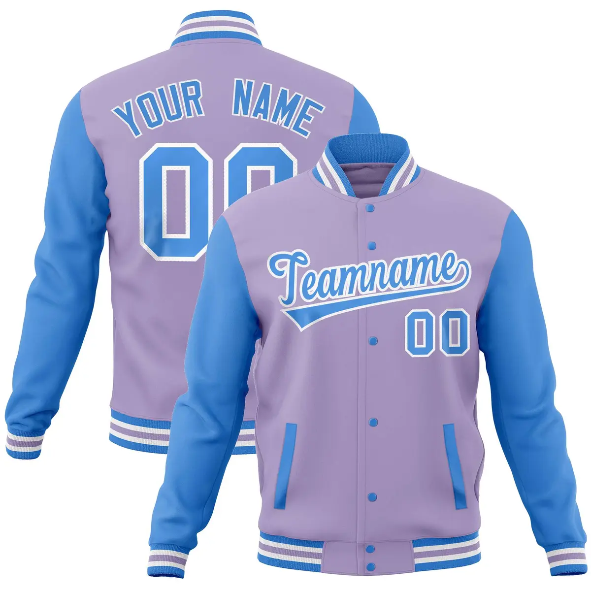 Light Purple Powder Blue Raglan Full-Snap Varsity Letterman Baseball Jacket