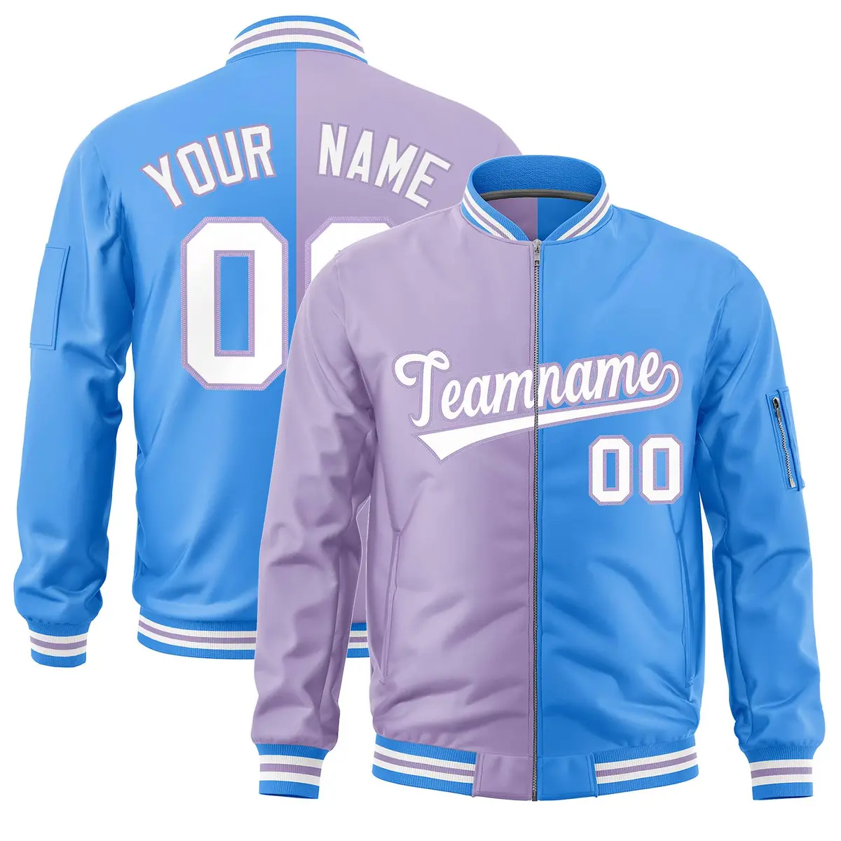 Light Purple Powder Blue Two Tone Split Varsity Letterman Bomber Jacket