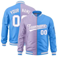 Light Purple Powder Blue Two Tone Split Varsity Letterman Bomber Jacket 1