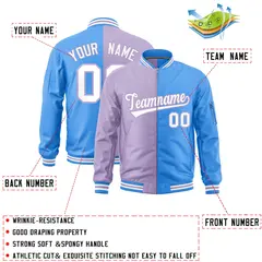 Light Purple Powder Blue Two Tone Split Varsity Letterman Bomber Jacket 2