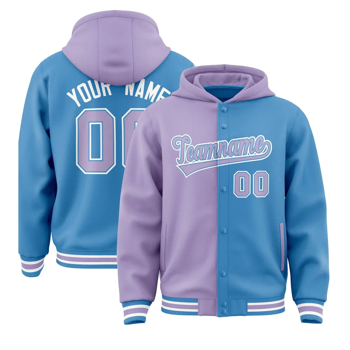 Light Purple Powder Blue Two Tone Split Varsity Letterman Hoodie Jacket