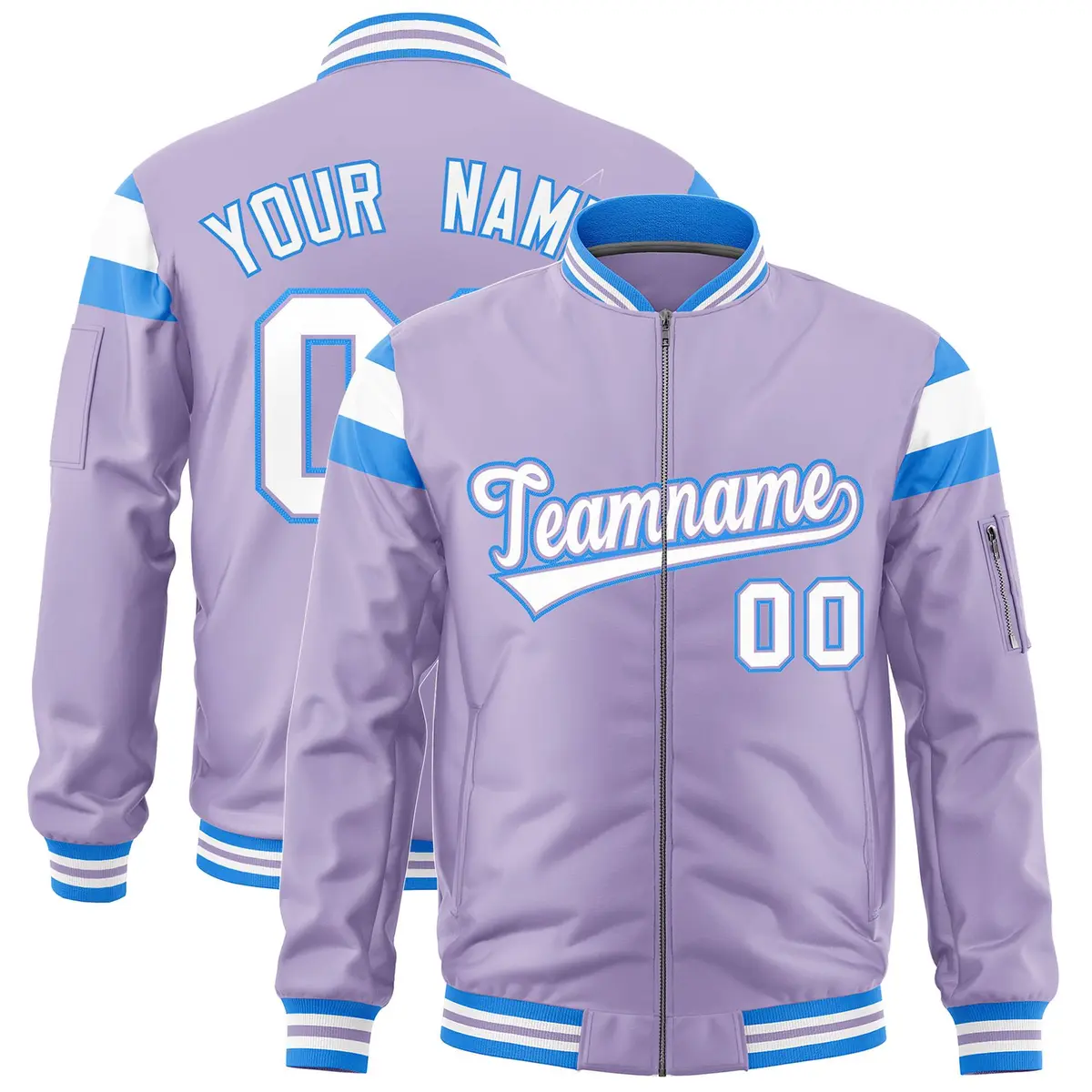 Light Purple Powder Blue White Full-Zip Shoulder Block Letterman Bomber Jacket