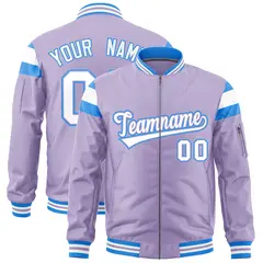 Light Purple Powder Blue White Full-Zip Shoulder Block Letterman Bomber Jacket