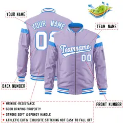 Light Purple Powder Blue White Full-Zip Shoulder Block Letterman Bomber Jacket 2