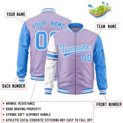 Light Purple Powder Blue-White Stripe Varsity Letterman Bomber Jacket 2
