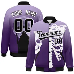 Light Purple Purple Black Halloween Skeleton Graffiti Varsity Jacket Stretch Fabric