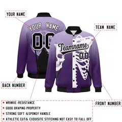 Light Purple Purple Black Halloween Skeleton Graffiti Varsity Jacket Stretch Fabric 2