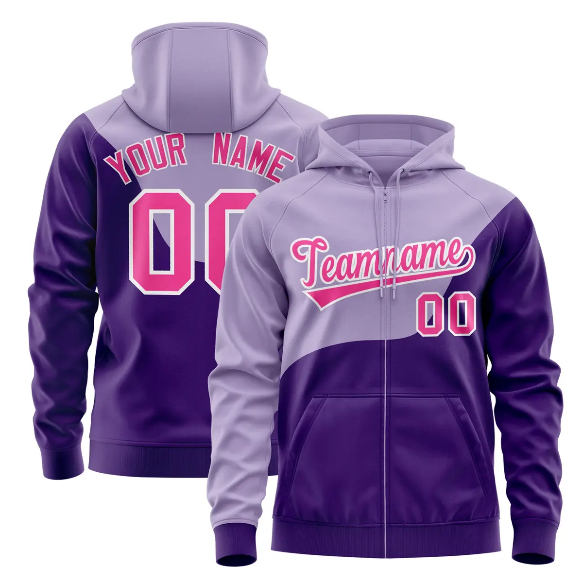 Light Purple Wave Color Block Full-Zip Varsity Letterman Jacket Hoodie