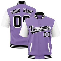 Light Purple White Black Full-Snap Short Sleeve Varsity Jacket