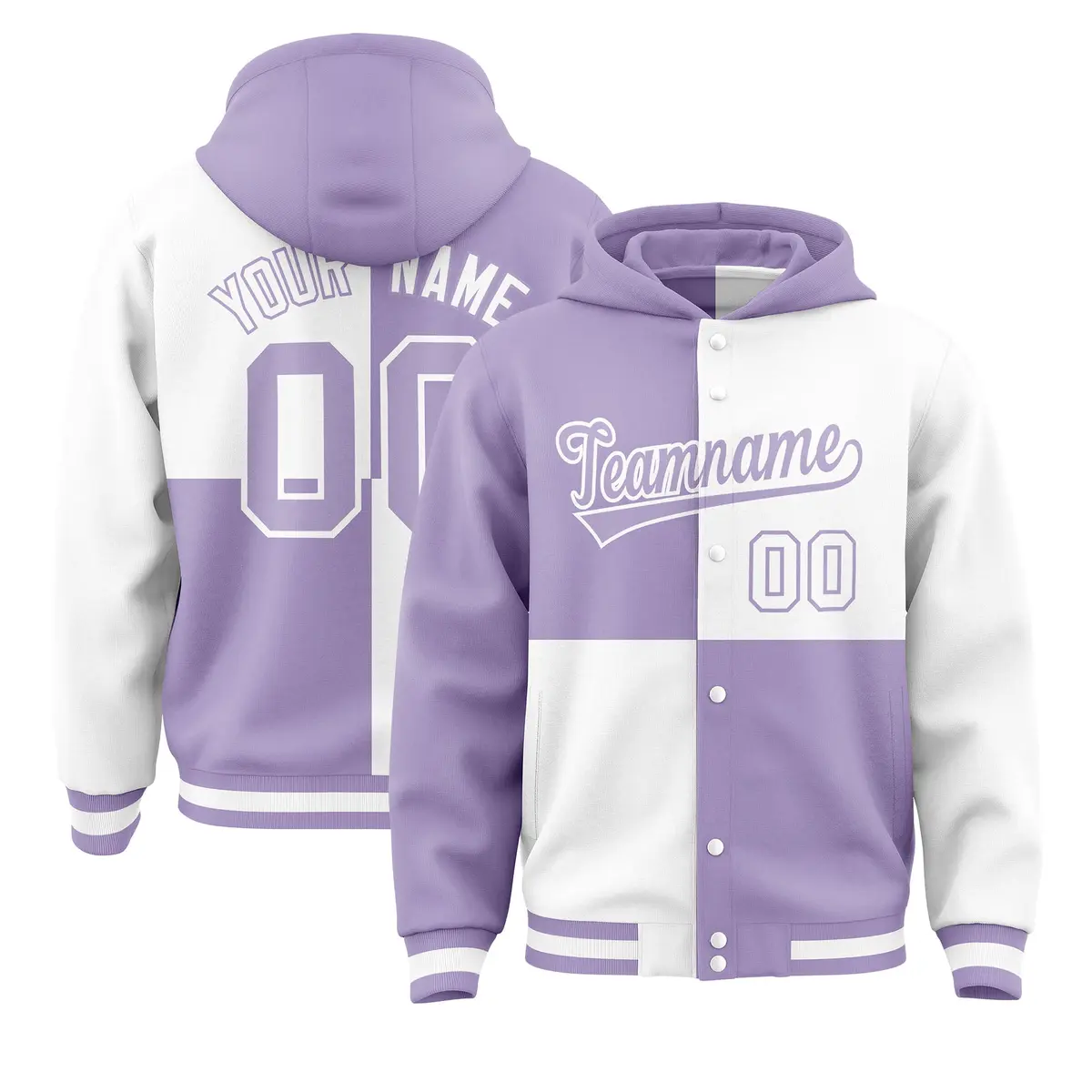 Light Purple White Four Squares Color Block Varsity Full-Snap Letterman Jacket Hoodie