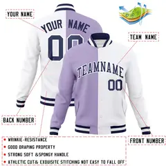 Light Purple White-Navy Two Tone Split Varsity Full-Snap Letterman Jacket 4