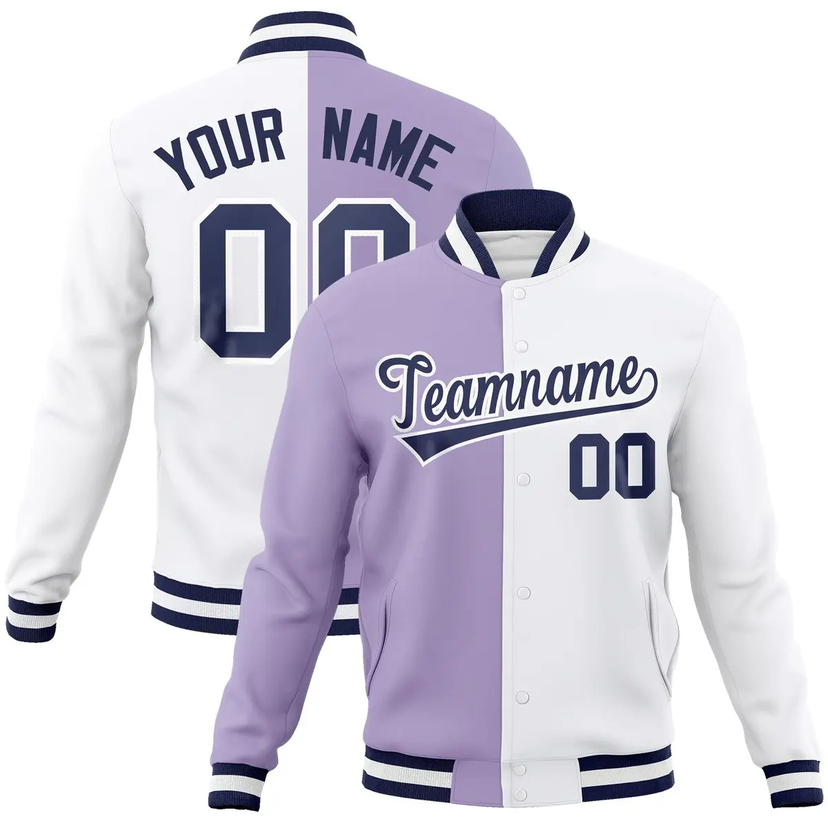 Light Purple White-Navy Two Tone Split Varsity Full-Snap Letterman Jacket