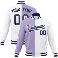 Light Purple White-Navy Two Tone Split Varsity Full-Snap Letterman Jacket 1