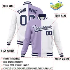 Light Purple White-Navy Two Tone Split Varsity Full-Snap Letterman Jacket 4