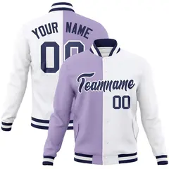 Light Purple White-Navy Two Tone Split Varsity Full-Snap Letterman Jacket