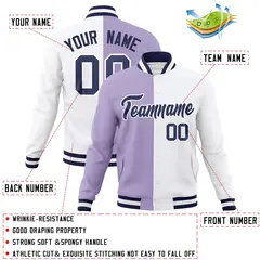 Light Purple White-Navy Two Tone Split Varsity Full-Snap Letterman Jacket 4