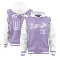 Light Purple White Raglan Sleeves Full-Snap Varsity Letterman Two Tone Jacket Hoodie