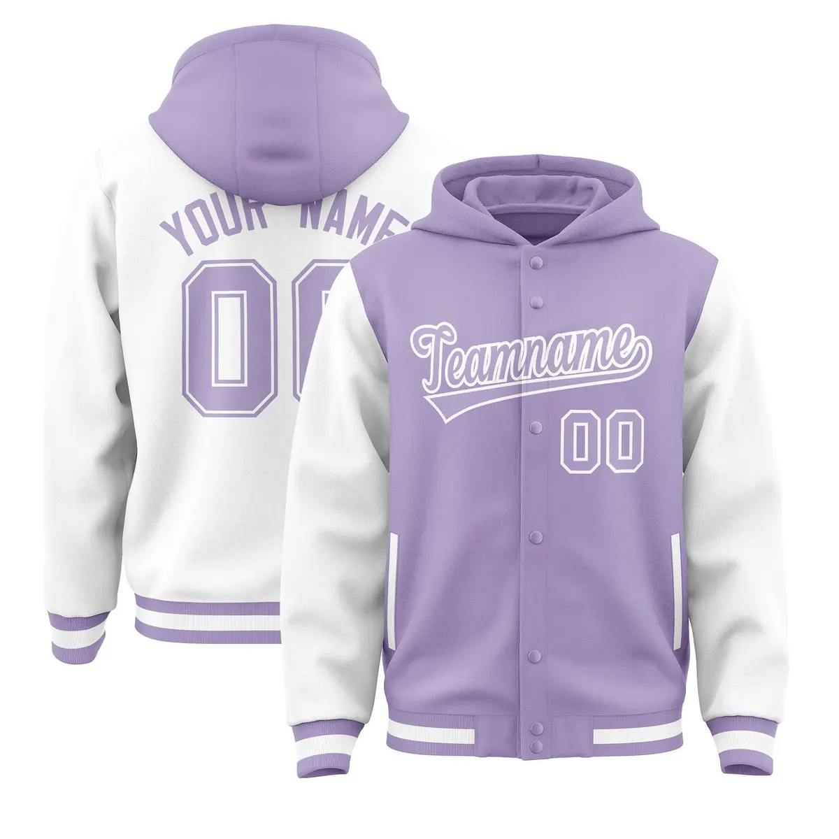 Light Purple White Raglan Sleeves Full-Snap Varsity Letterman Two Tone Jacket Hoodie