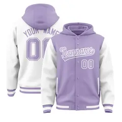 Light Purple White Raglan Sleeves Full-Snap Varsity Letterman Two Tone Jacket Hoodie