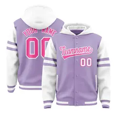 Light Purple White Raglan Three Stripes Varsity Full-Snap Letterman Jacket Hoodie 1