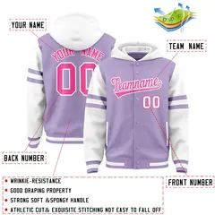 Light Purple White Raglan Three Stripes Varsity Full-Snap Letterman Jacket Hoodie 4