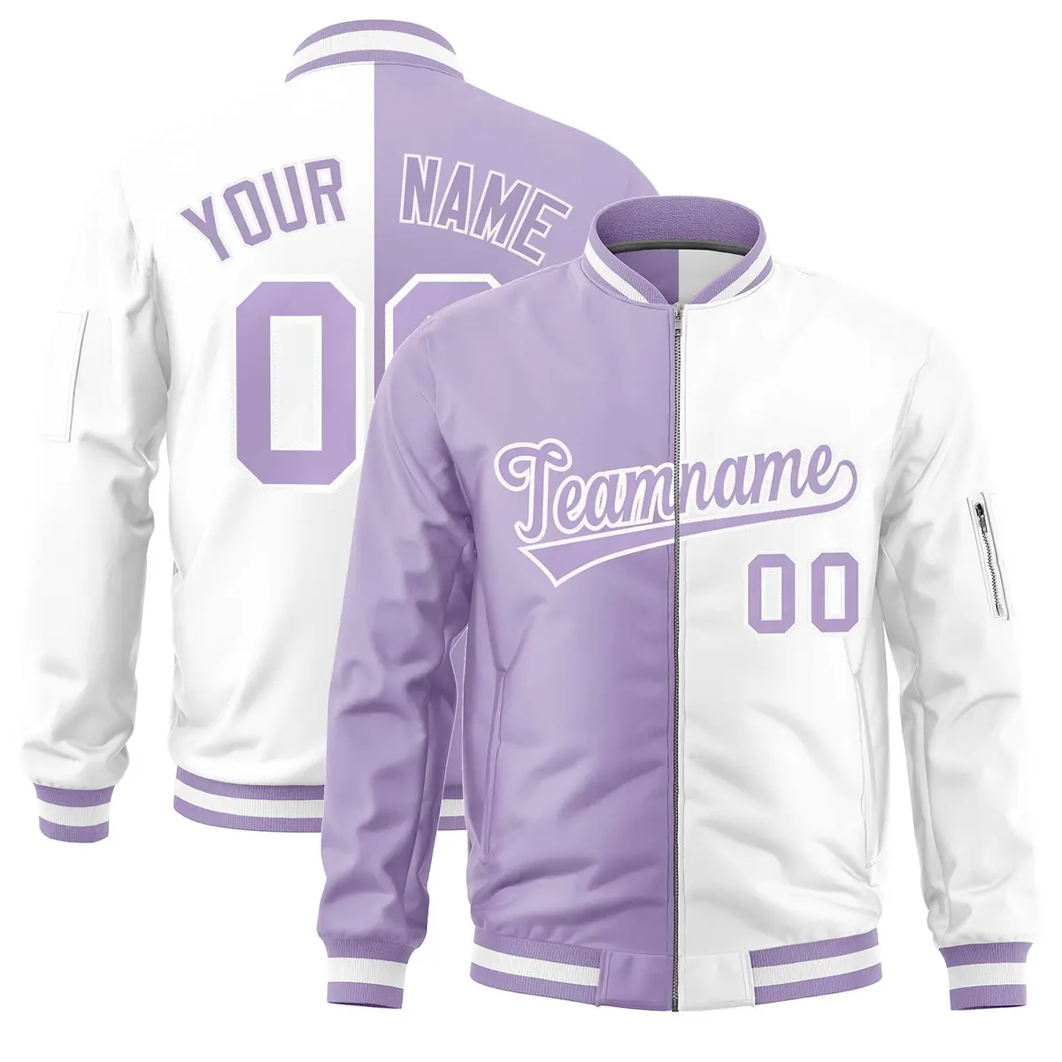 Light Purple White Split Two Tone Full-Zip Letterman Bomber Jacket