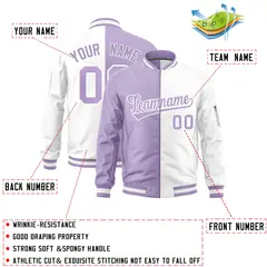 Light Purple White Split Two Tone Full-Zip Letterman Bomber Jacket 2
