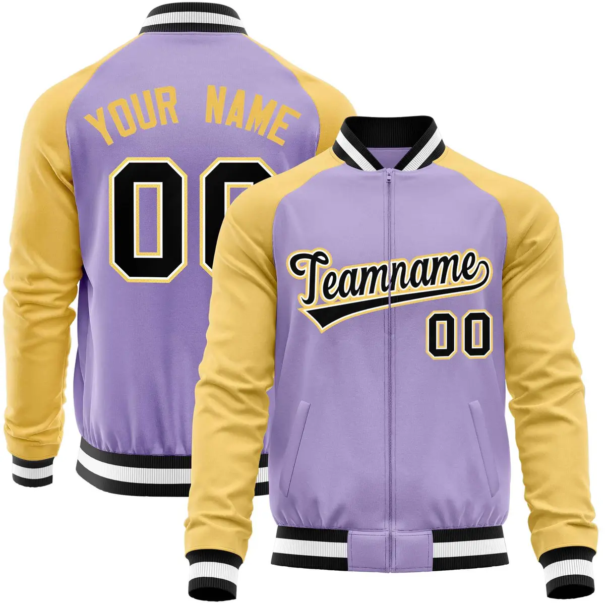 Light Purple Yellow Raglan Full-Zip Varsity Letterman Baseball Jacket